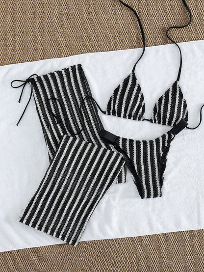 Elegant Women's Striped Knit Bikini Swimwear Set Featuring Halter Neck Top And Matching Wide-Leg Pants, Perfect For Beach Holidays Vacation Summer, Retro