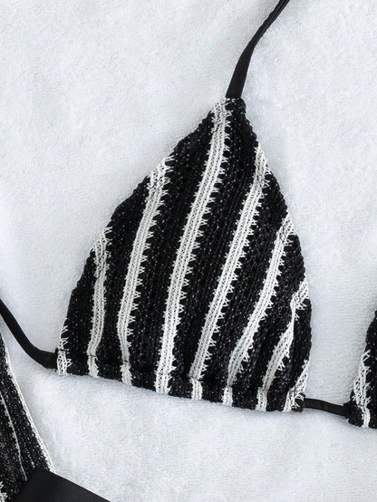 Elegant Women's Striped Knit Bikini Swimwear Set Featuring Halter Neck Top And Matching Wide-Leg Pants, Perfect For Beach Holidays Vacation Summer, Retro