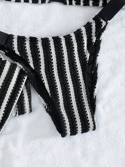 Elegant Women's Striped Knit Bikini Swimwear Set Featuring Halter Neck Top And Matching Wide-Leg Pants, Perfect For Beach Holidays Vacation Summer, Retro