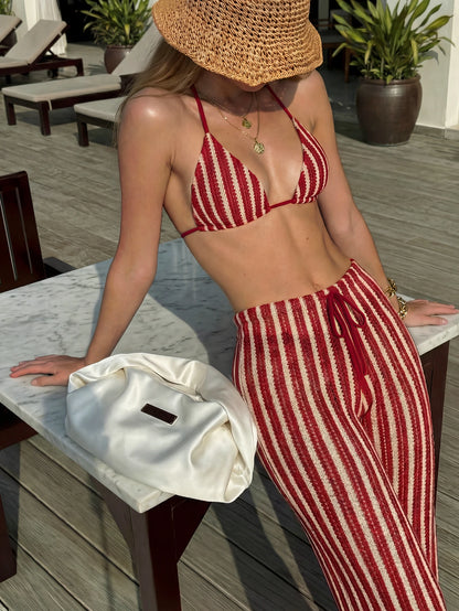 Elegant Women's Striped Knit Bikini Swimwear Set Featuring Halter Neck Top And Matching Wide-Leg Pants, Perfect For Beach Holidays Vacation Summer, Retro