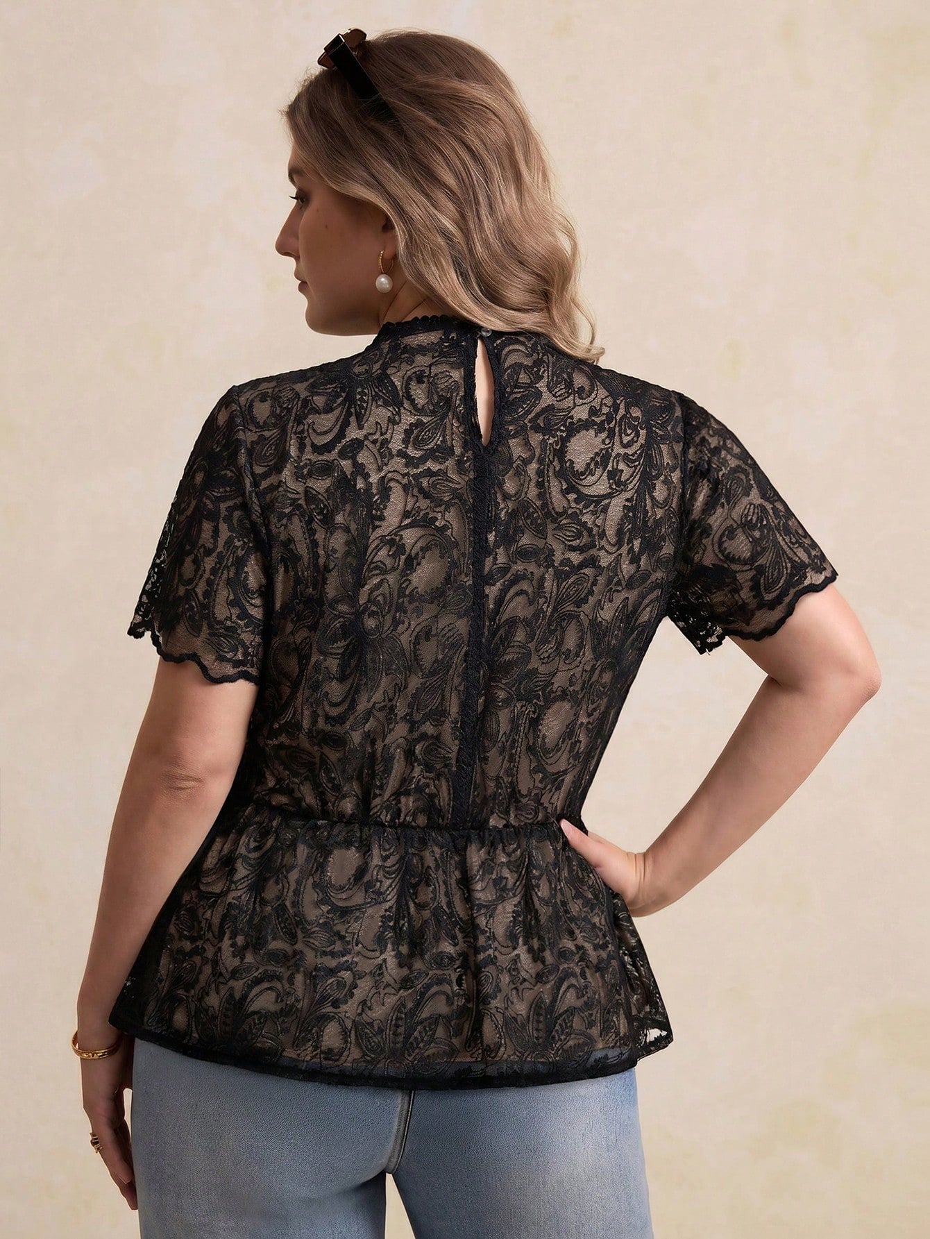 Elegantrix Plus Size Women's Top/Blouse, Exquisite And Elegant, Perfect For Banquets, Parties, Commutes, And Dates, Jacquard, Slim Fit, A-Line, Lace Trim