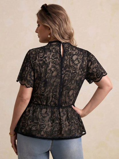 Elegantrix Plus Size Women's Top/Blouse, Exquisite And Elegant, Perfect For Banquets, Parties, Commutes, And Dates, Jacquard, Slim Fit, A-Line, Lace Trim