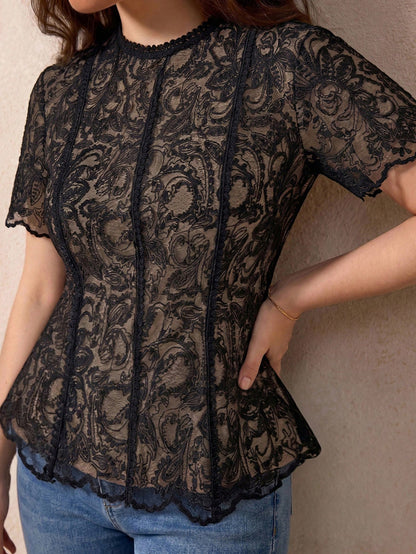 Elegantrix Plus Size Women's Top/Blouse, Exquisite And Elegant, Perfect For Banquets, Parties, Commutes, And Dates, Jacquard, Slim Fit, A-Line, Lace Trim