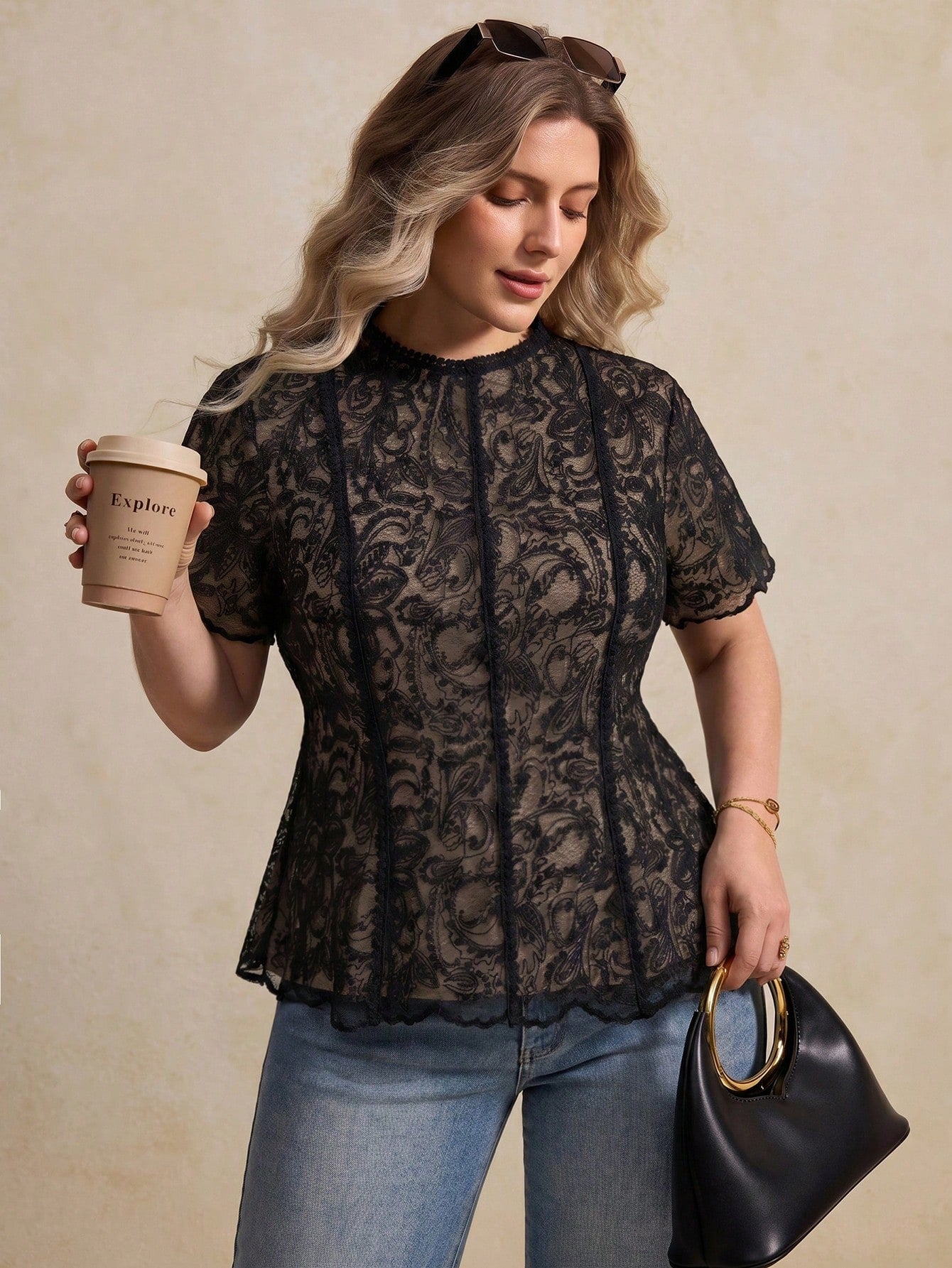 Elegantrix Plus Size Women's Top/Blouse, Exquisite And Elegant, Perfect For Banquets, Parties, Commutes, And Dates, Jacquard, Slim Fit, A-Line, Lace Trim