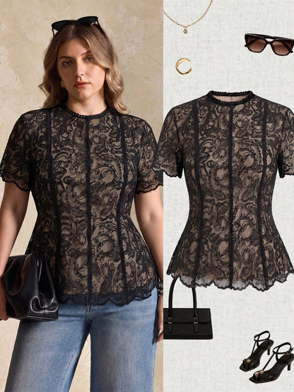Elegantrix Plus Size Women's Top/Blouse, Exquisite And Elegant, Perfect For Banquets, Parties, Commutes, And Dates, Jacquard, Slim Fit, A-Line, Lace Trim