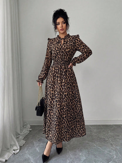 Elenzga 1pc Women Leopard Print Ruffle Tie Neck Long Sleeve Dress, Elegant For Autumn Maxi Women Outfit Fall Cloth For Women