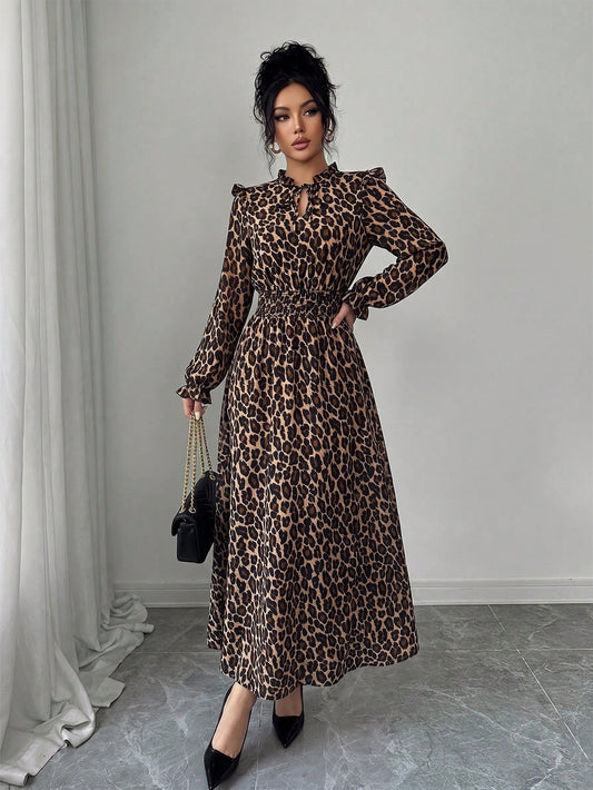 Elenzga 1pc Women Leopard Print Ruffle Tie Neck Long Sleeve Dress, Elegant For Autumn Maxi Women Outfit Fall Cloth For Women