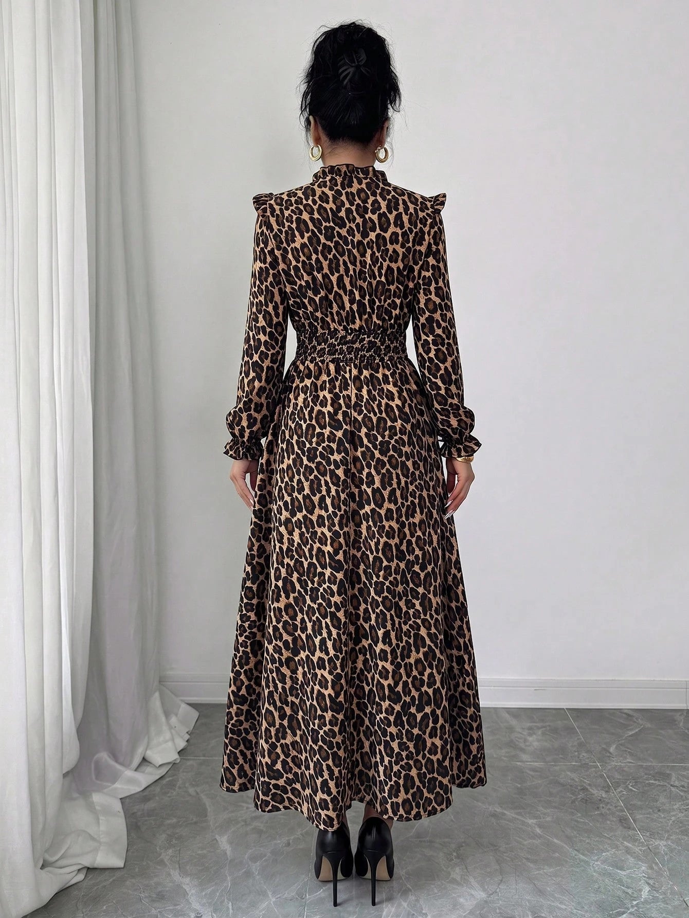 Elenzga 1pc Women Leopard Print Ruffle Tie Neck Long Sleeve Dress, Elegant For Autumn Maxi Women Outfit Fall Cloth For Women