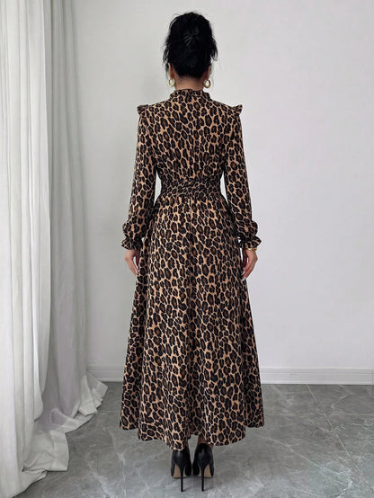 Elenzga 1pc Women Leopard Print Ruffle Tie Neck Long Sleeve Dress, Elegant For Autumn Maxi Women Outfit Fall Cloth For Women
