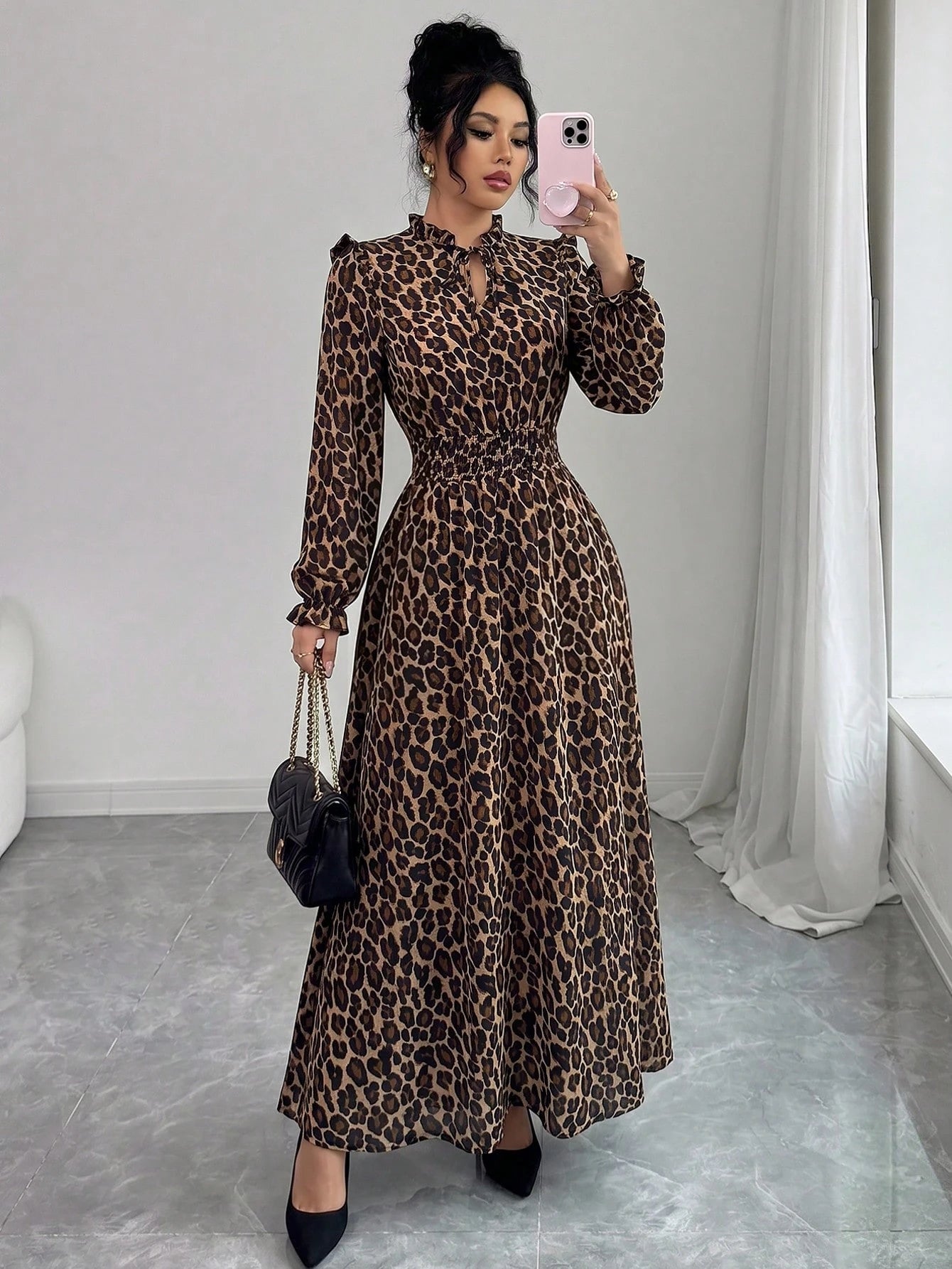 Elenzga 1pc Women Leopard Print Ruffle Tie Neck Long Sleeve Dress, Elegant For Autumn Maxi Women Outfit Fall Cloth For Women