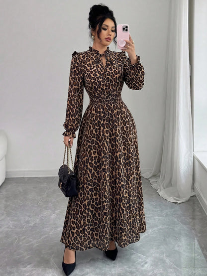 Elenzga 1pc Women Leopard Print Ruffle Tie Neck Long Sleeve Dress, Elegant For Autumn Maxi Women Outfit Fall Cloth For Women