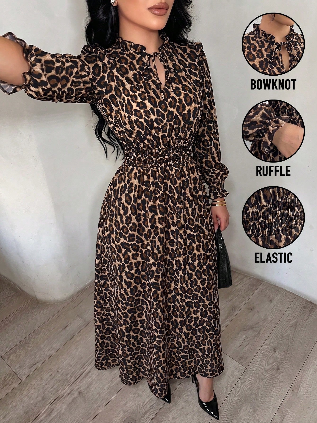 Elenzga 1pc Women Leopard Print Ruffle Tie Neck Long Sleeve Dress, Elegant For Autumn Maxi Women Outfit Fall Cloth For Women