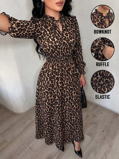 Elenzga 1pc Women Leopard Print Ruffle Tie Neck Long Sleeve Dress, Elegant For Autumn Maxi Women Outfit Fall Cloth For Women