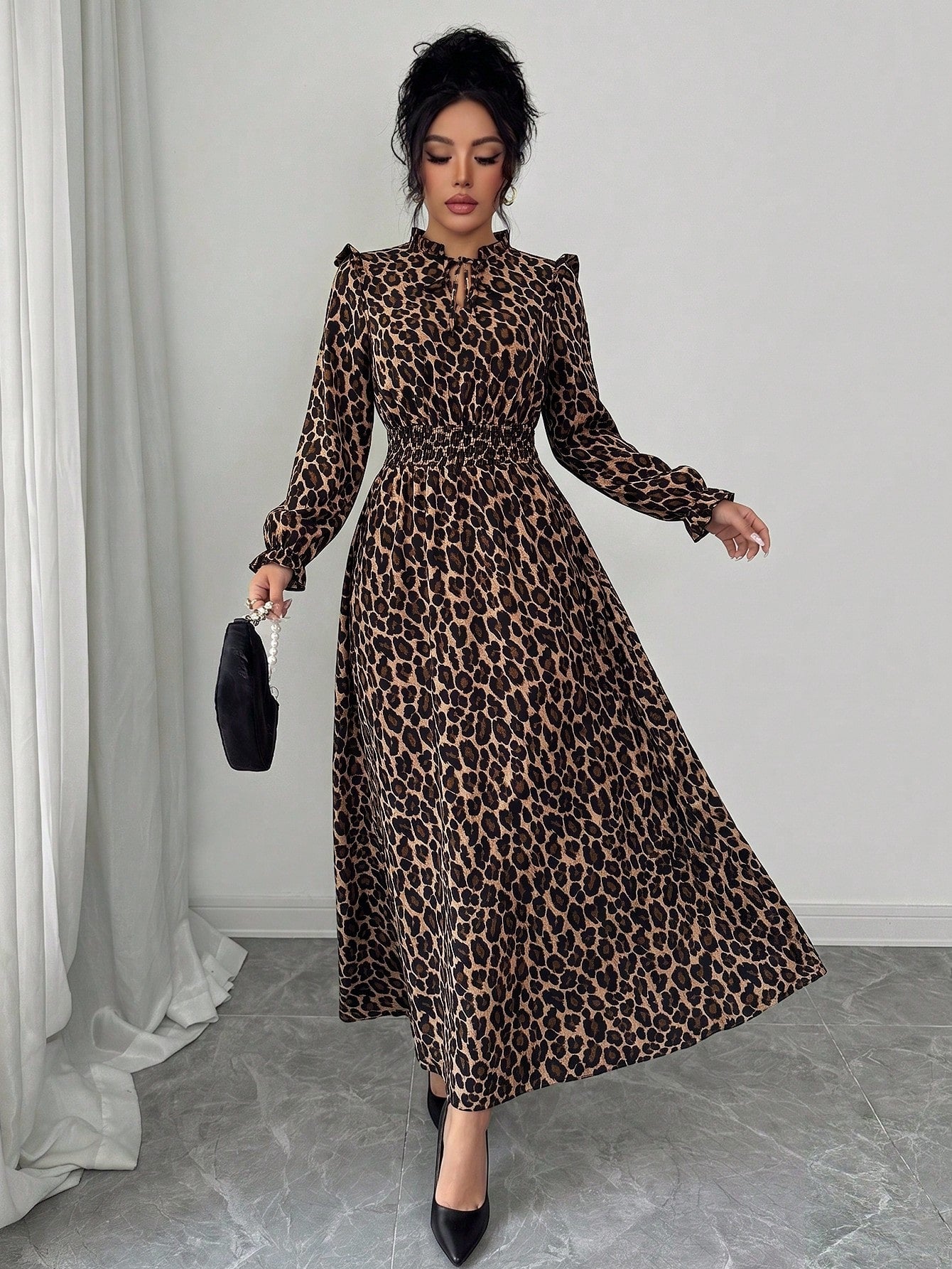 Elenzga 1pc Women Leopard Print Ruffle Tie Neck Long Sleeve Dress, Elegant For Autumn Maxi Women Outfit Fall Cloth For Women