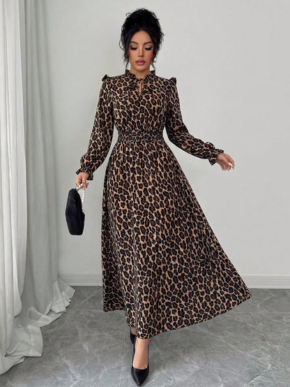 Elenzga 1pc Women Leopard Print Ruffle Tie Neck Long Sleeve Dress, Elegant For Autumn Maxi Women Outfit Fall Cloth For Women