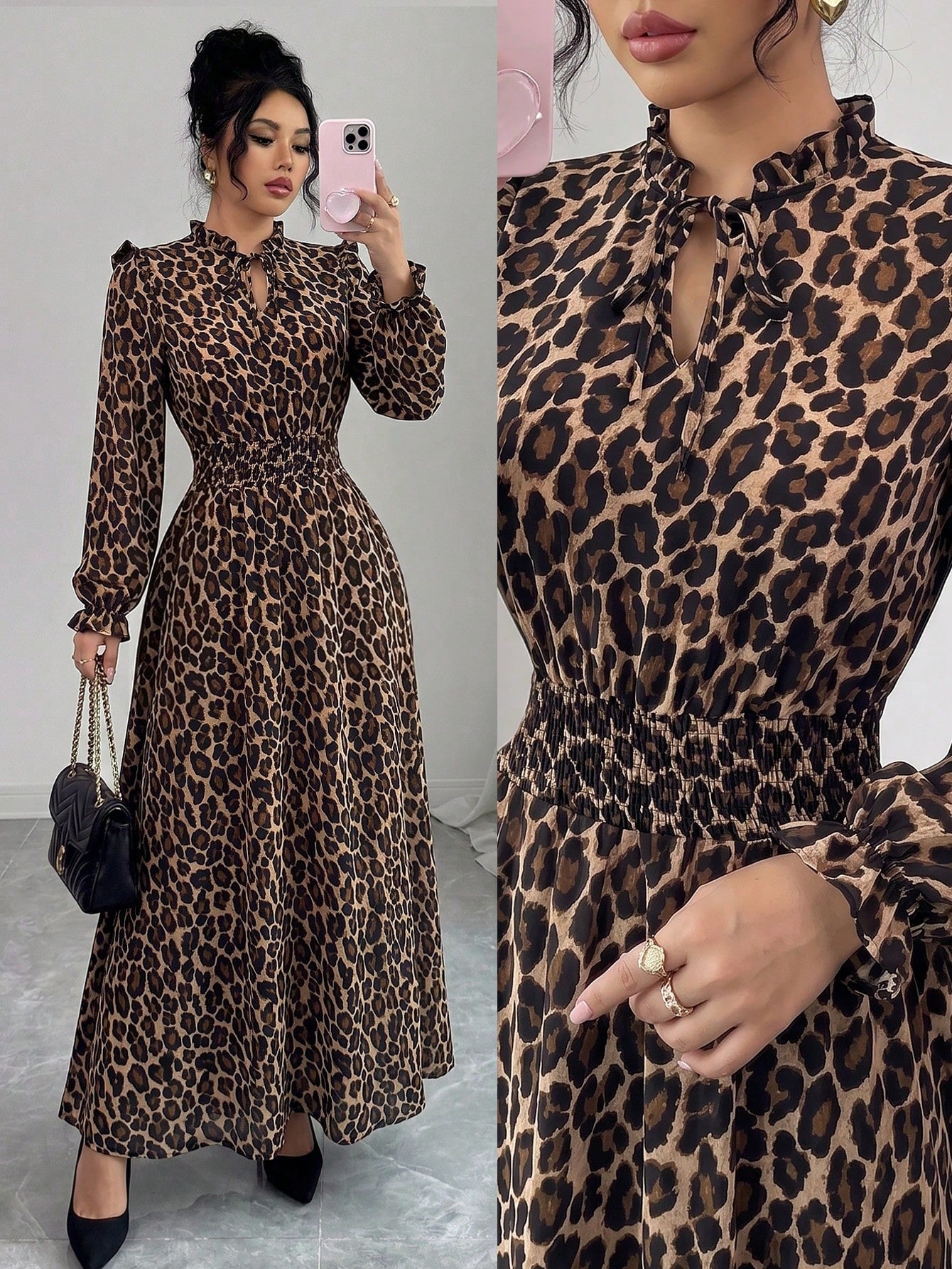 Elenzga 1pc Women Leopard Print Ruffle Tie Neck Long Sleeve Dress, Elegant For Autumn Maxi Women Outfit Fall Cloth For Women