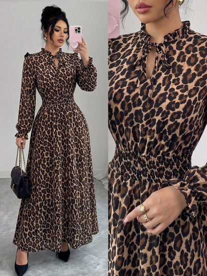 Elenzga 1pc Women Leopard Print Ruffle Tie Neck Long Sleeve Dress, Elegant For Autumn Maxi Women Outfit Fall Cloth For Women