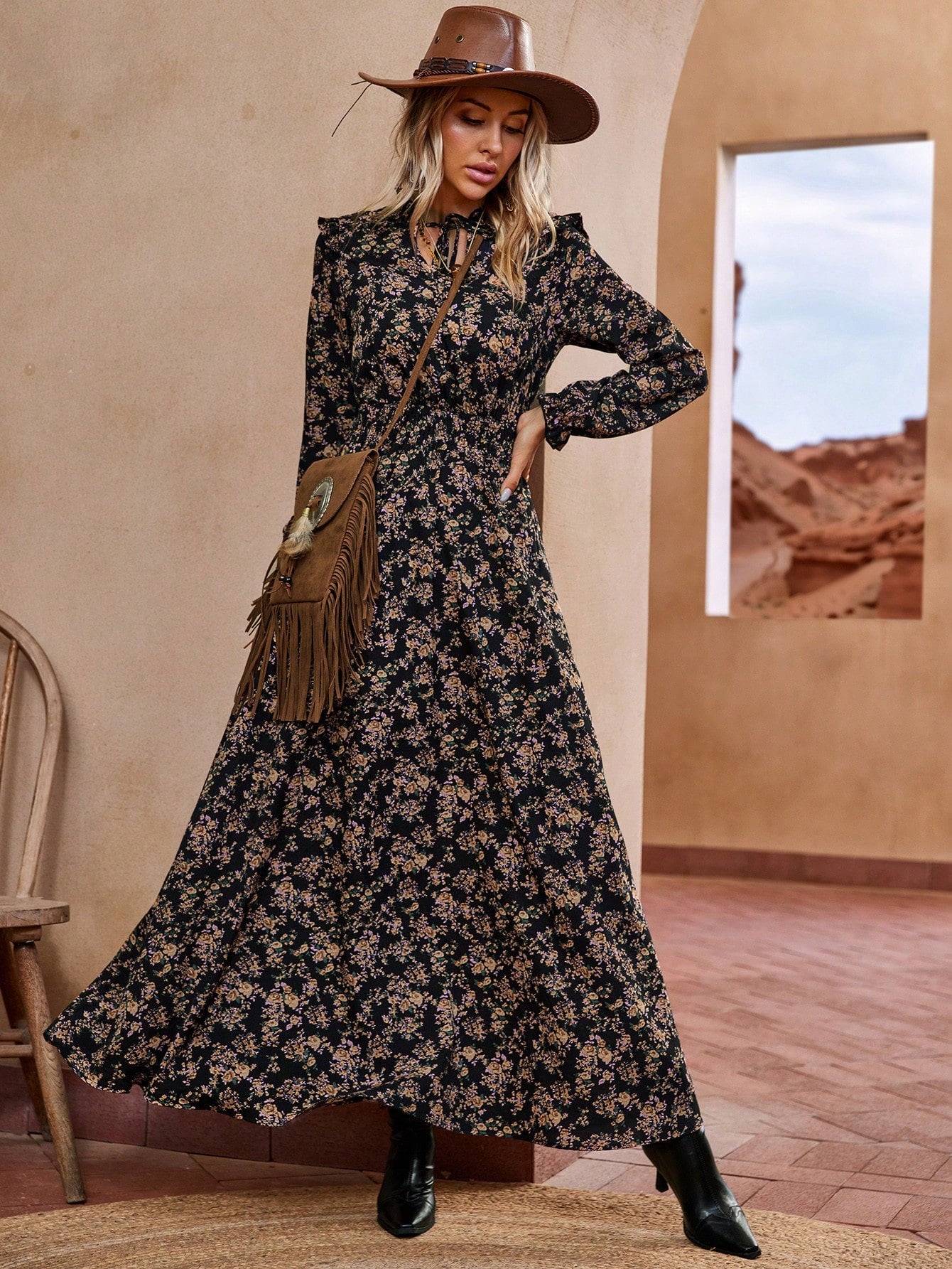Elenzga 1pc Women Leopard Print Ruffle Tie Neck Long Sleeve Dress, Elegant For Autumn Maxi Women Outfit Fall Cloth For Women