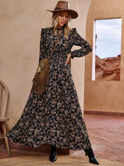 Elenzga 1pc Women Leopard Print Ruffle Tie Neck Long Sleeve Dress, Elegant For Autumn Maxi Women Outfit Fall Cloth For Women