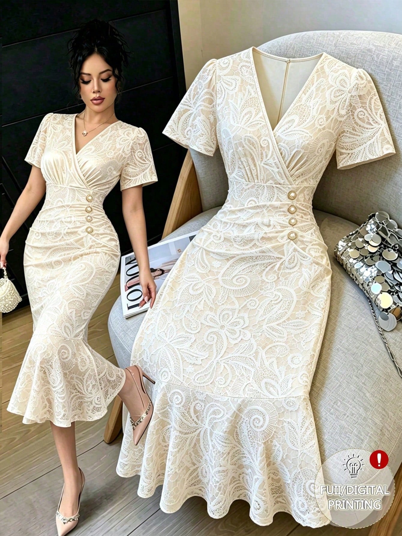 Elenzga Elegant White Lace Printed V-Neck Short Sleeve Bodycon Fishtail Dress With Cinched Waist, Slimming Fit, Luxury Commuter Date Dress For Women