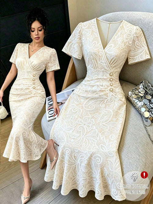 Elenzga Elegant White Lace Printed V-Neck Short Sleeve Bodycon Fishtail Dress With Cinched Waist, Slimming Fit, Luxury Commuter Date Dress For Women