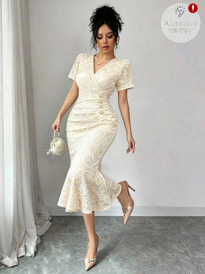 Elenzga Elegant White Lace Printed V-Neck Short Sleeve Bodycon Fishtail Dress With Cinched Waist, Slimming Fit, Luxury Commuter Date Dress For Women