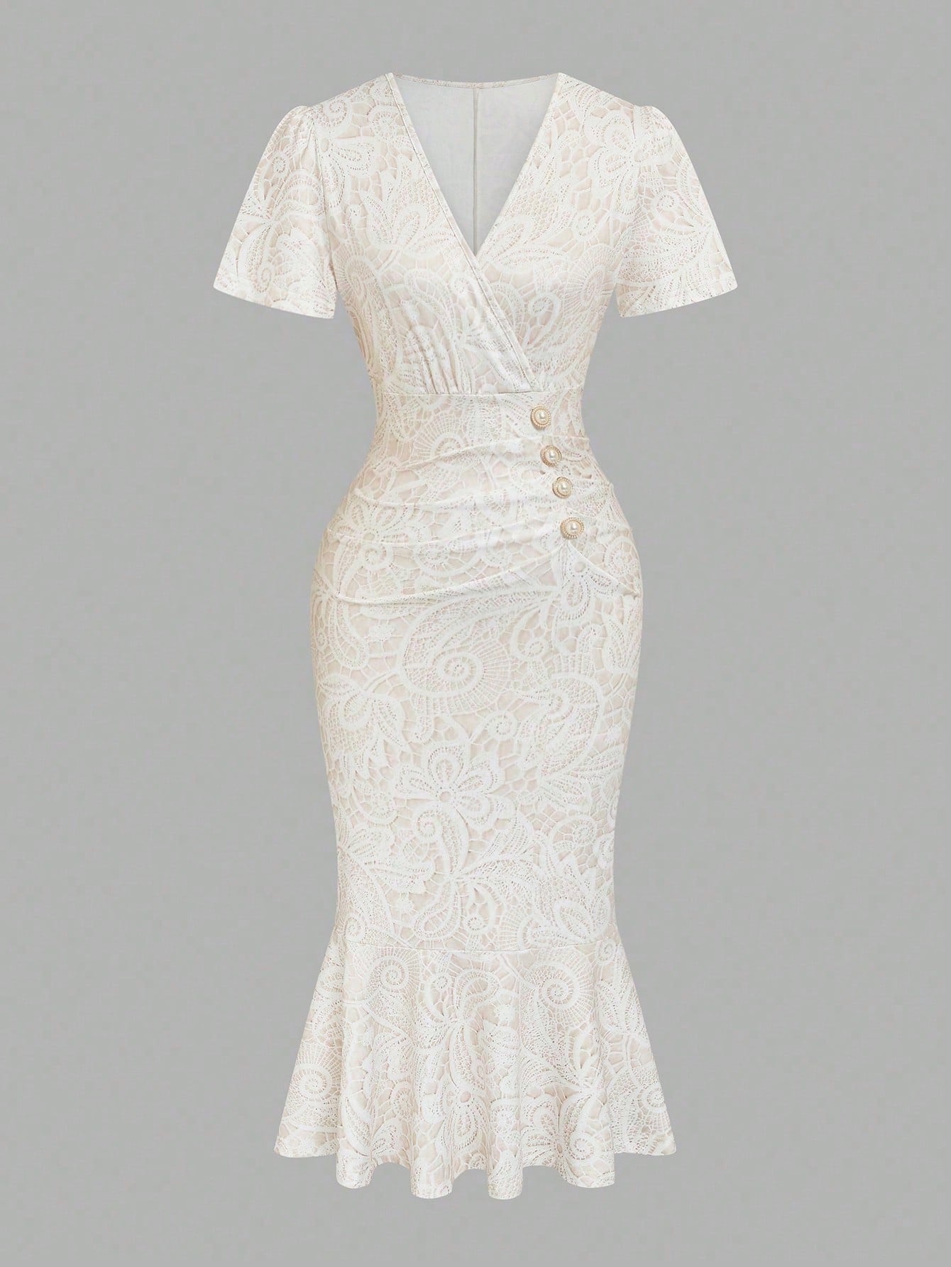Elenzga Elegant White Lace Printed V-Neck Short Sleeve Bodycon Fishtail Dress With Cinched Waist, Slimming Fit, Luxury Commuter Date Dress For Women