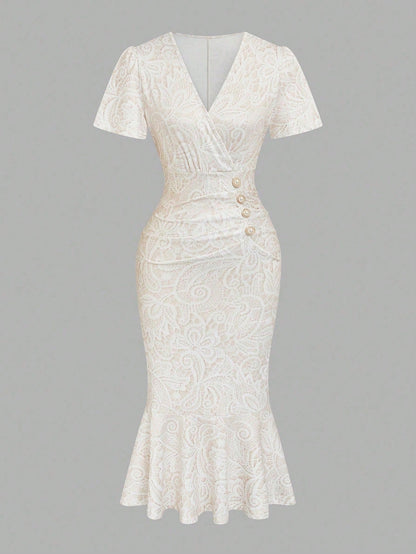 Elenzga Elegant White Lace Printed V-Neck Short Sleeve Bodycon Fishtail Dress With Cinched Waist, Slimming Fit, Luxury Commuter Date Dress For Women