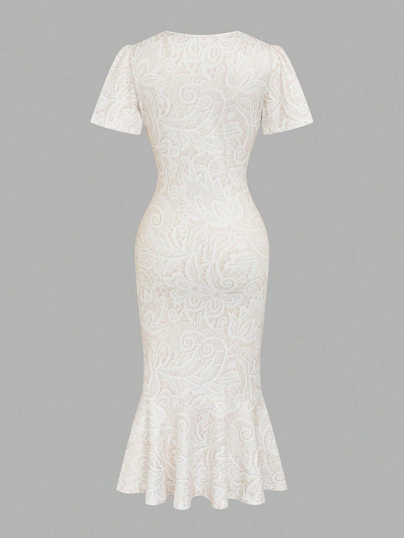 Elenzga Elegant White Lace Printed V-Neck Short Sleeve Bodycon Fishtail Dress With Cinched Waist, Slimming Fit, Luxury Commuter Date Dress For Women
