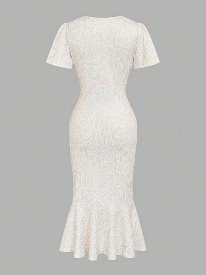 Elenzga Elegant White Lace Printed V-Neck Short Sleeve Bodycon Fishtail Dress With Cinched Waist, Slimming Fit, Luxury Commuter Date Dress For Women
