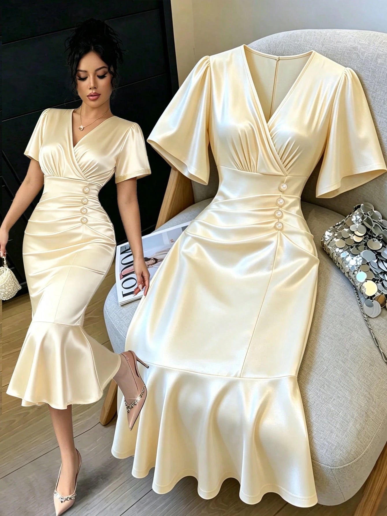 Elenzga Elegant White Lace Printed V-Neck Short Sleeve Bodycon Fishtail Dress With Cinched Waist, Slimming Fit, Luxury Commuter Date Dress For Women