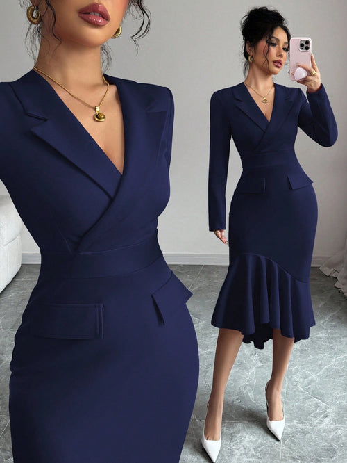 Elenzga Elegant Women's Navy Blue Autumn Office Dress,Lapel Collar Long Sleeve Mid-Length Dress,Waist-Cinched Asymmetric Fishtail Hem Versatile Party Gown