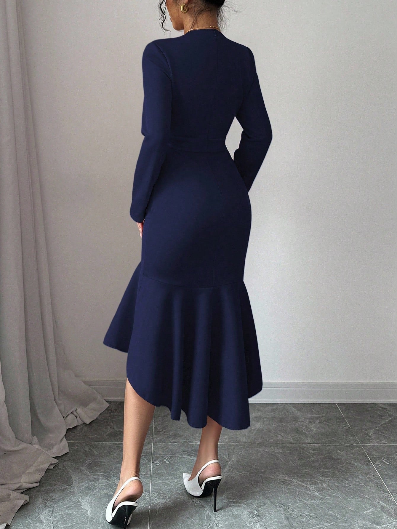 Elenzga Elegant Women's Navy Blue Autumn Office Dress,Lapel Collar Long Sleeve Mid-Length Dress,Waist-Cinched Asymmetric Fishtail Hem Versatile Party Gown