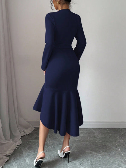 Elenzga Elegant Women's Navy Blue Autumn Office Dress,Lapel Collar Long Sleeve Mid-Length Dress,Waist-Cinched Asymmetric Fishtail Hem Versatile Party Gown