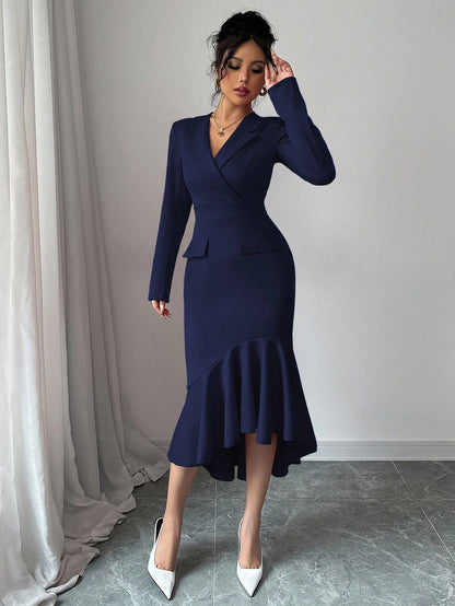 Elenzga Elegant Women's Navy Blue Autumn Office Dress,Lapel Collar Long Sleeve Mid-Length Dress,Waist-Cinched Asymmetric Fishtail Hem Versatile Party Gown