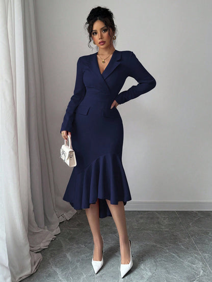 Elenzga Elegant Women's Navy Blue Autumn Office Dress,Lapel Collar Long Sleeve Mid-Length Dress,Waist-Cinched Asymmetric Fishtail Hem Versatile Party Gown