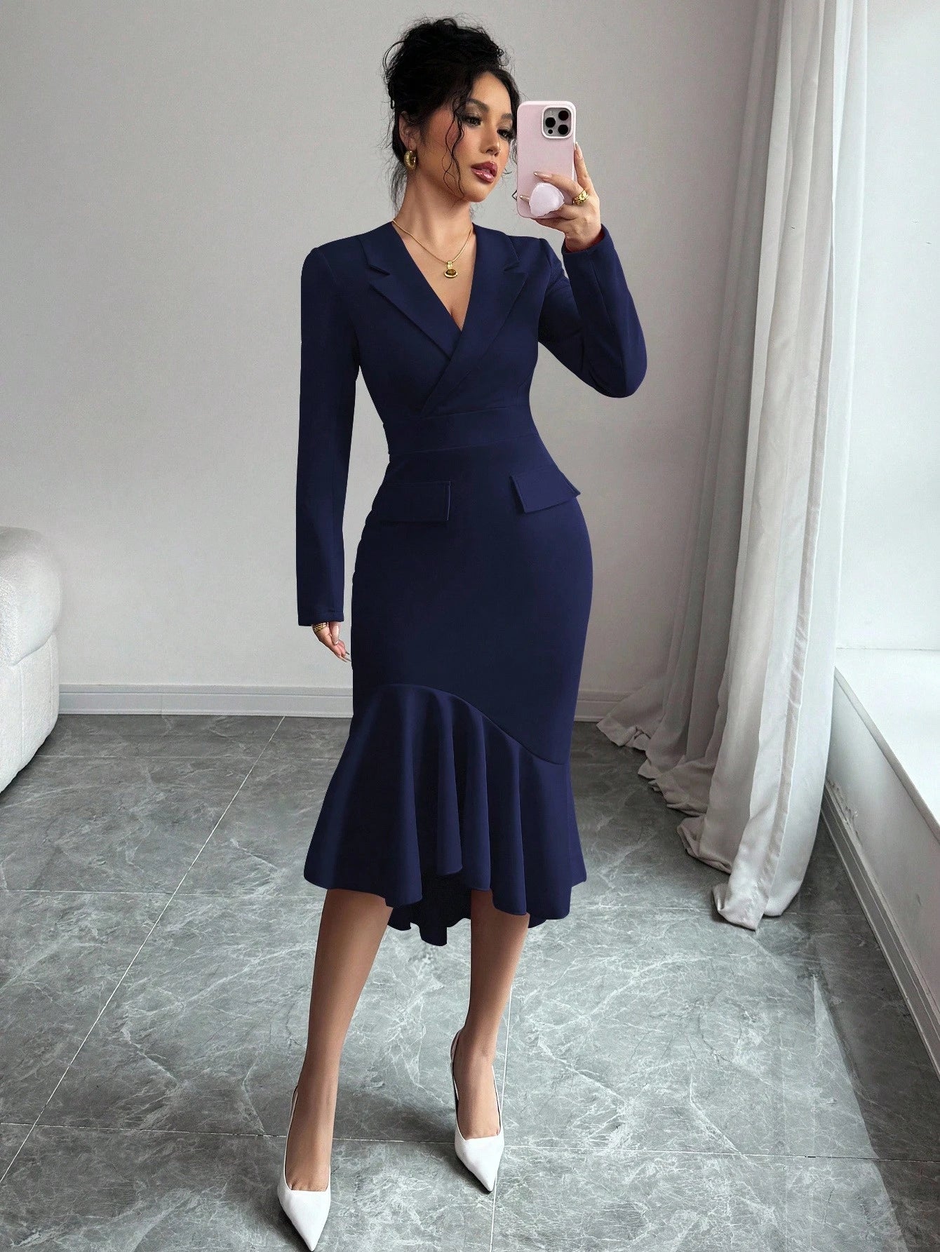Elenzga Elegant Women's Navy Blue Autumn Office Dress,Lapel Collar Long Sleeve Mid-Length Dress,Waist-Cinched Asymmetric Fishtail Hem Versatile Party Gown