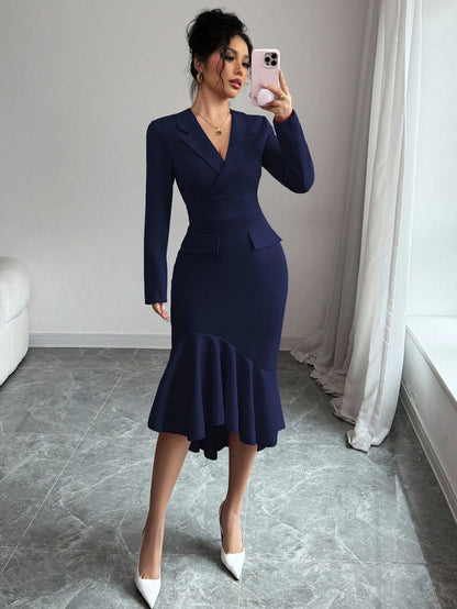 Elenzga Elegant Women's Navy Blue Autumn Office Dress,Lapel Collar Long Sleeve Mid-Length Dress,Waist-Cinched Asymmetric Fishtail Hem Versatile Party Gown