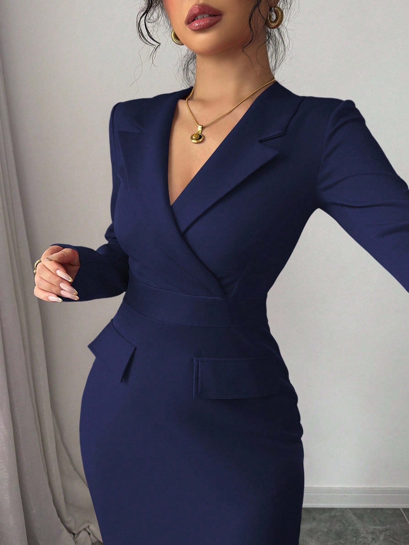 Elenzga Elegant Women's Navy Blue Autumn Office Dress,Lapel Collar Long Sleeve Mid-Length Dress,Waist-Cinched Asymmetric Fishtail Hem Versatile Party Gown