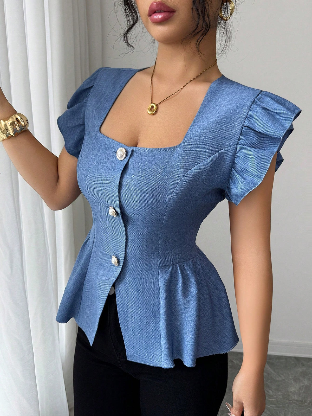Elenzga New Stylish Linen French Casual Elegant Design Square Collar Waist Cinched Ruffle Hem Blouse, Versatile For Women In Summer