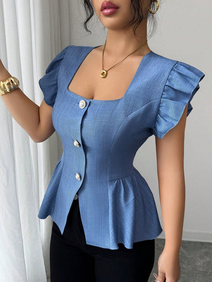 Elenzga New Stylish Linen French Casual Elegant Design Square Collar Waist Cinched Ruffle Hem Blouse, Versatile For Women In Summer