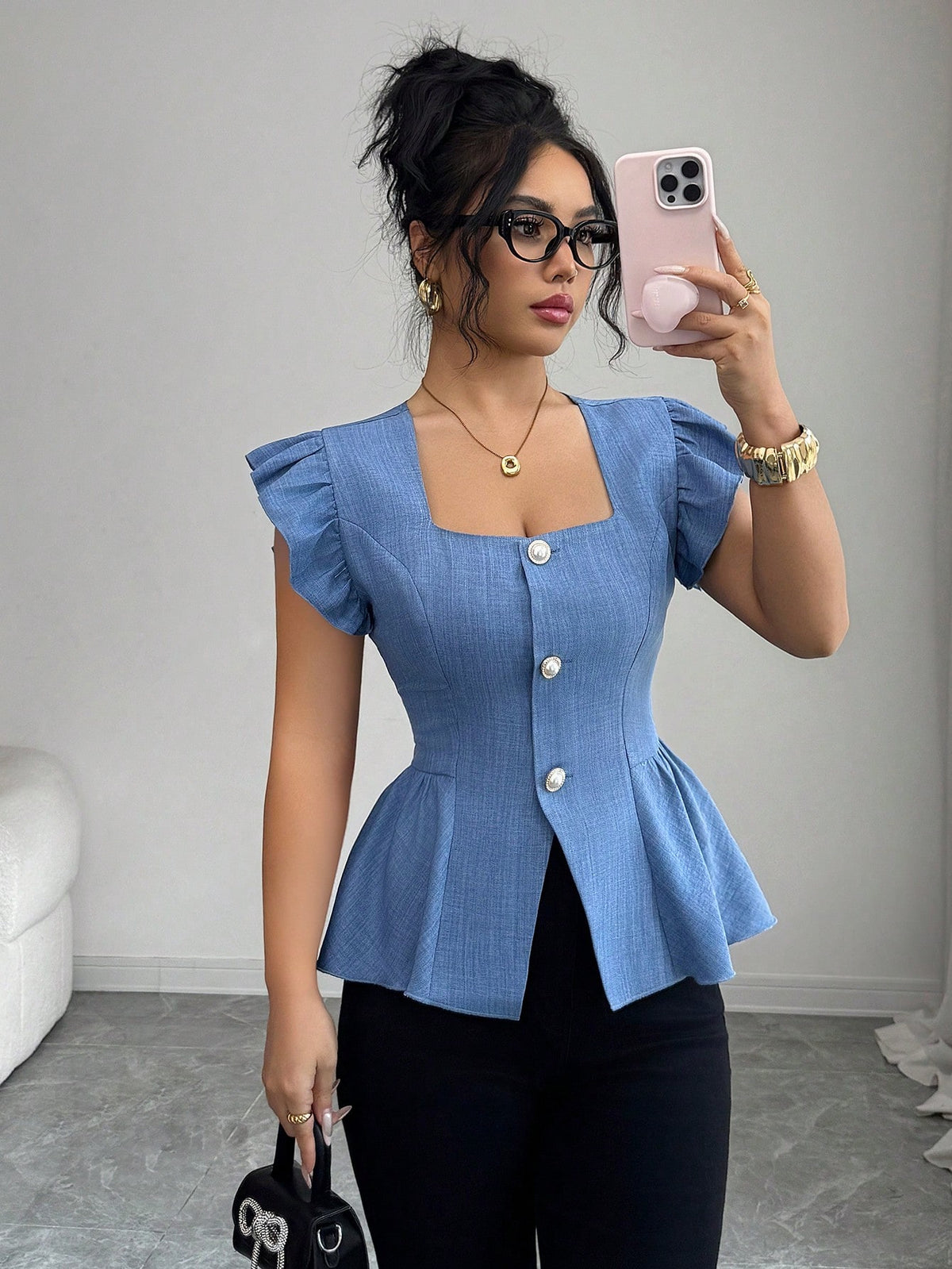 Elenzga New Stylish Linen French Casual Elegant Design Square Collar Waist Cinched Ruffle Hem Blouse, Versatile For Women In Summer