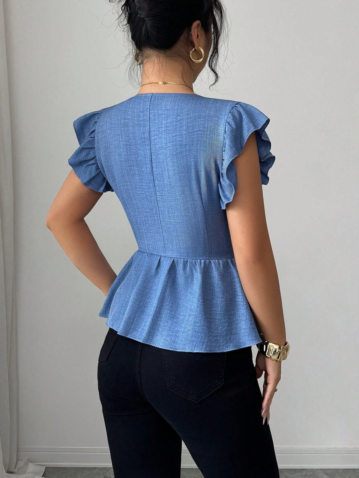 Elenzga New Stylish Linen French Casual Elegant Design Square Collar Waist Cinched Ruffle Hem Blouse, Versatile For Women In Summer
