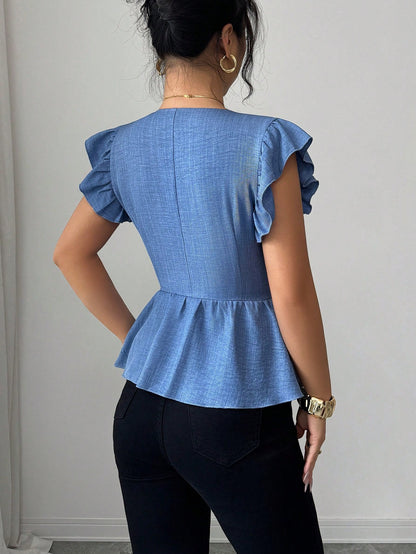 Elenzga New Stylish Linen French Casual Elegant Design Square Collar Waist Cinched Ruffle Hem Blouse, Versatile For Women In Summer