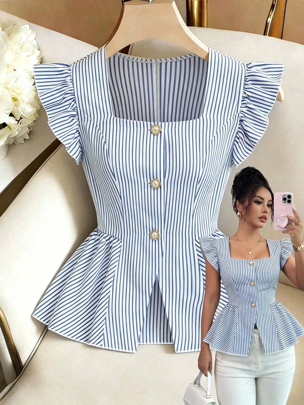 Elenzga New Stylish Linen French Casual Elegant Design Square Collar Waist Cinched Ruffle Hem Blouse, Versatile For Women In Summer