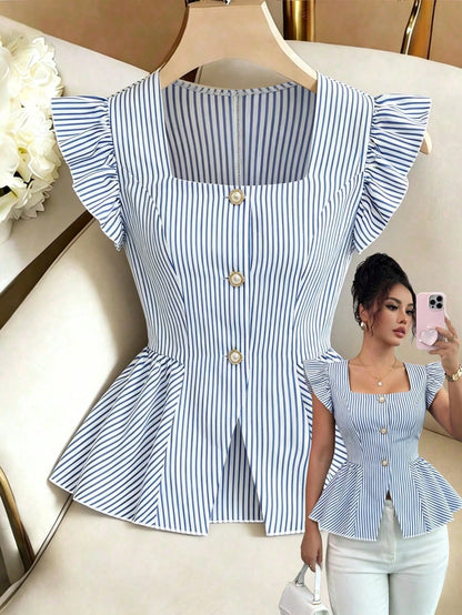 Elenzga New Stylish Linen French Casual Elegant Design Square Collar Waist Cinched Ruffle Hem Blouse, Versatile For Women In Summer