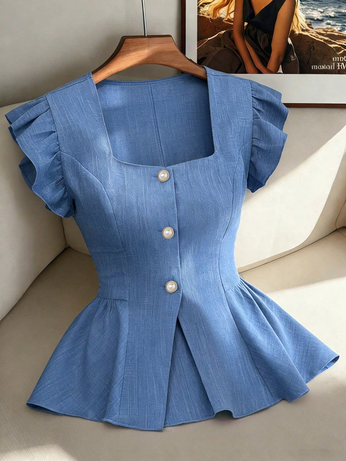 Elenzga New Stylish Linen French Casual Elegant Design Square Collar Waist Cinched Ruffle Hem Blouse, Versatile For Women In Summer