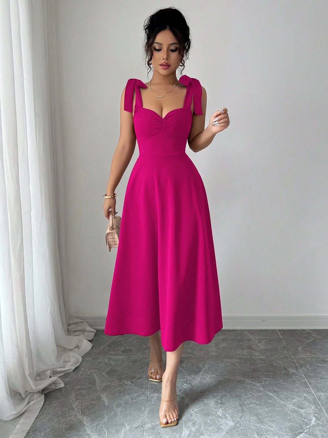 Elenzga Sleeveless Tie-Up Bow Decor Waist A-Line Elegant Romantic Women Dress