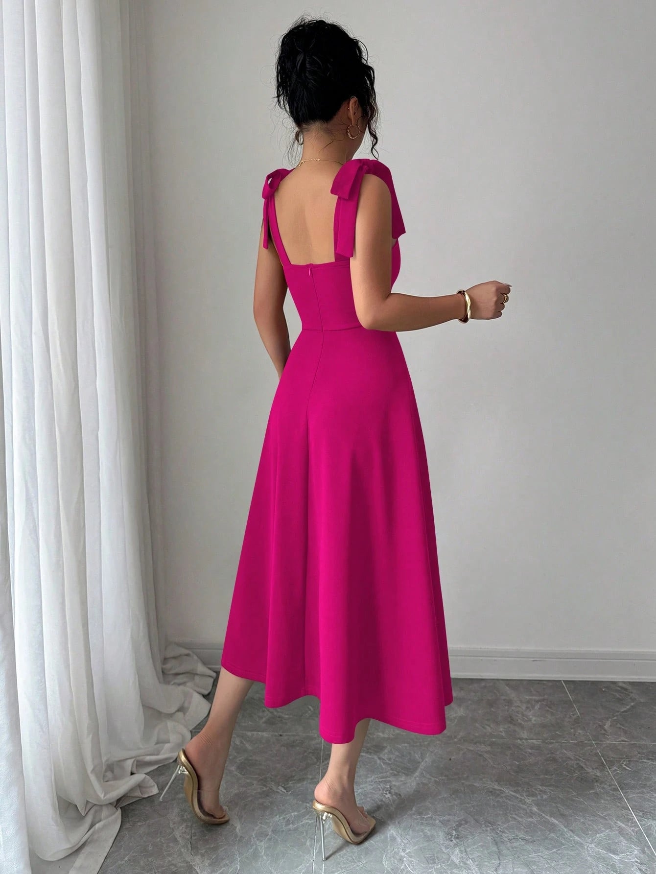 Elenzga Sleeveless Tie-Up Bow Decor Waist A-Line Elegant Romantic Women Dress