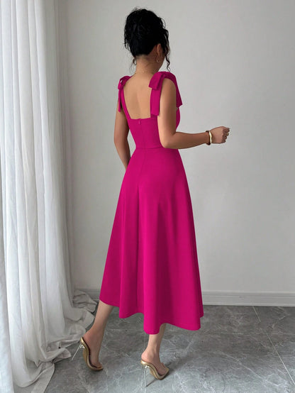 Elenzga Sleeveless Tie-Up Bow Decor Waist A-Line Elegant Romantic Women Dress